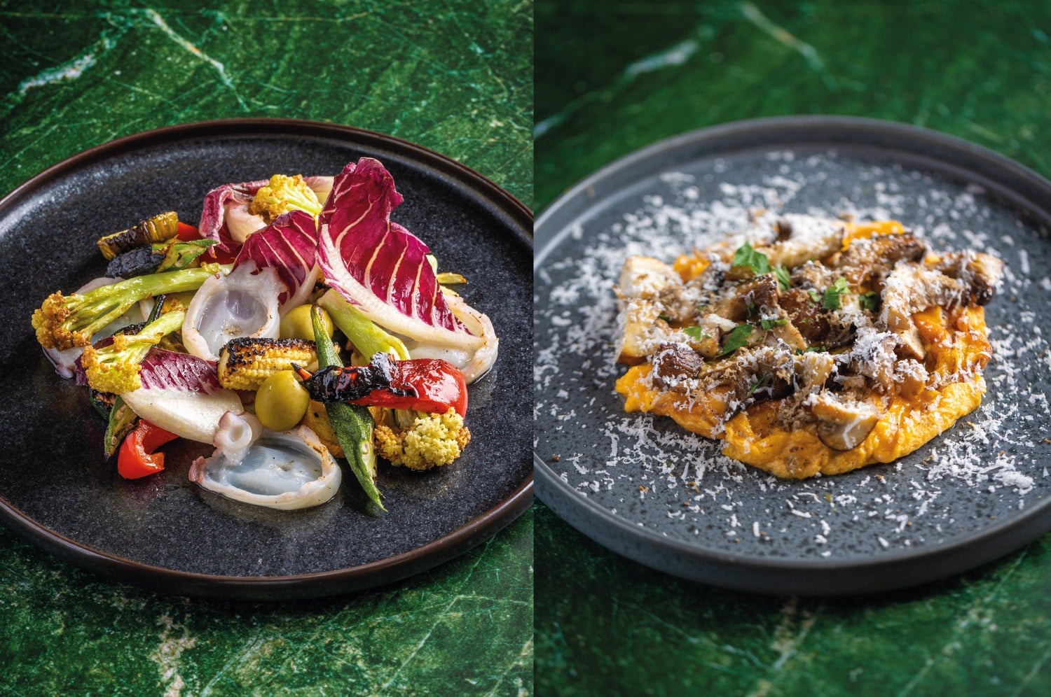 北海道産 水タコと薪焼き野菜の燻製マリネ　1,375円（税込）　ブラウンマッシュルームのオムレツ トリュフをかけて　1,815円（税込）