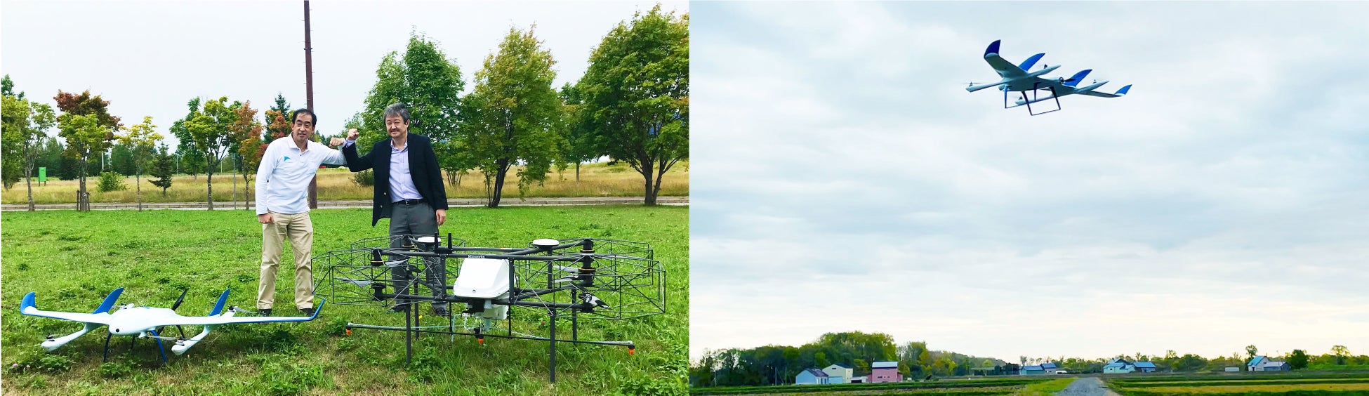 図6 エアロセンスとナイルワークスの提携に際する両代表と両社のドローン、及び2021年の実証実験の様子