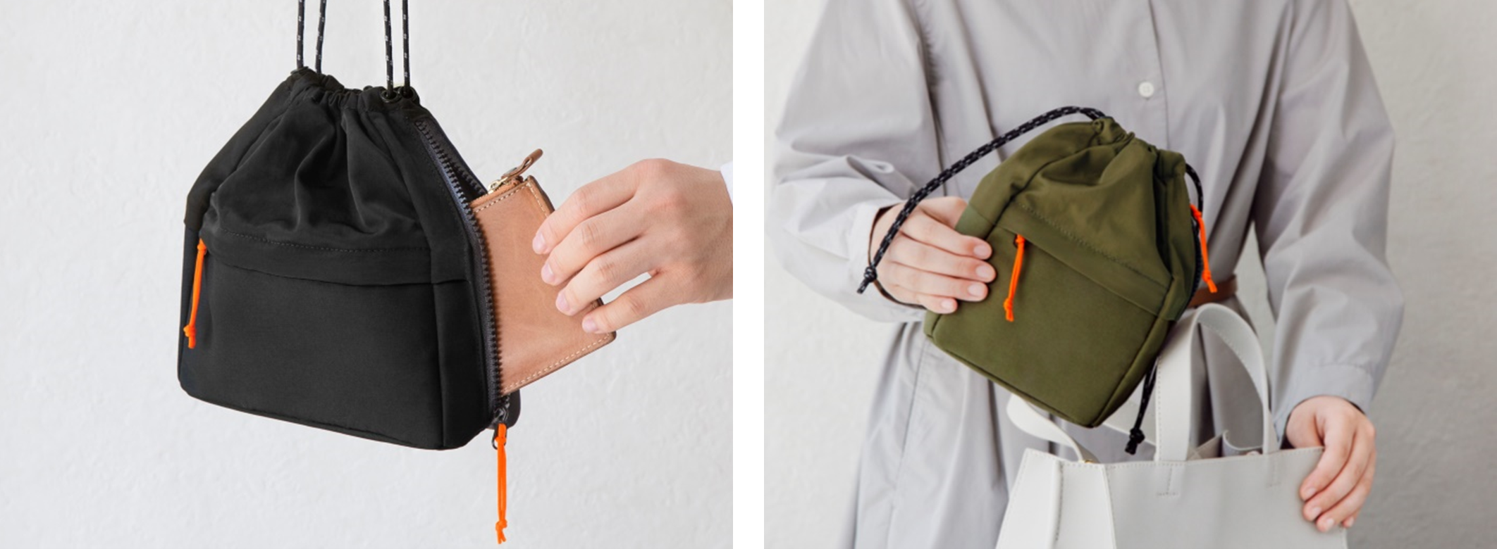 カバンの中でも外でも2wayで使える！物が取り出しやすい巾着型