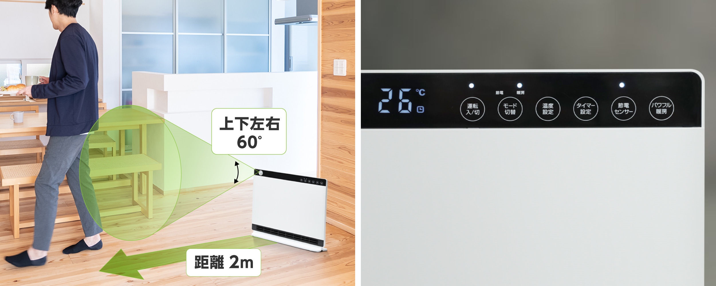 省エネ＆安心のWセンサー搭載 大温風パネルセラミックヒーターを