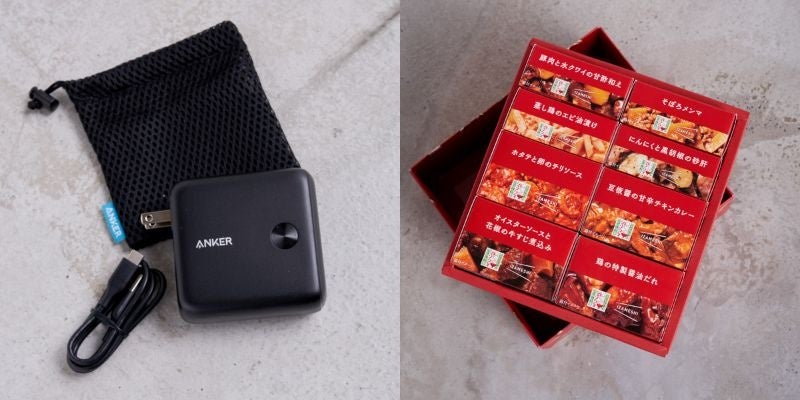 △人気商品は、オリジナルのアロマスプレーセットや、火災・寒さ・豪雨などあらゆるシチュエーションに役立つポンチョ、普段から役立つ充電器、備蓄食など