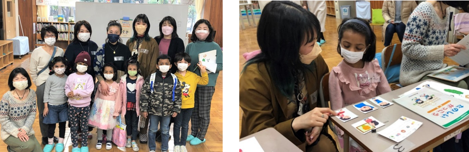 トライアルに参加した外国籍児童と個別指導を担当した講師（左）、日本語の個別指導の様子（右）