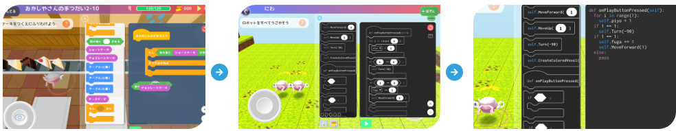 ビジュアル言語［日本語］（左）からビジュアル言語［Python］（中央）、テキストコーディング［Python］（右）へと実用レベルまで無理なくステップアップできる「ミッションモード」