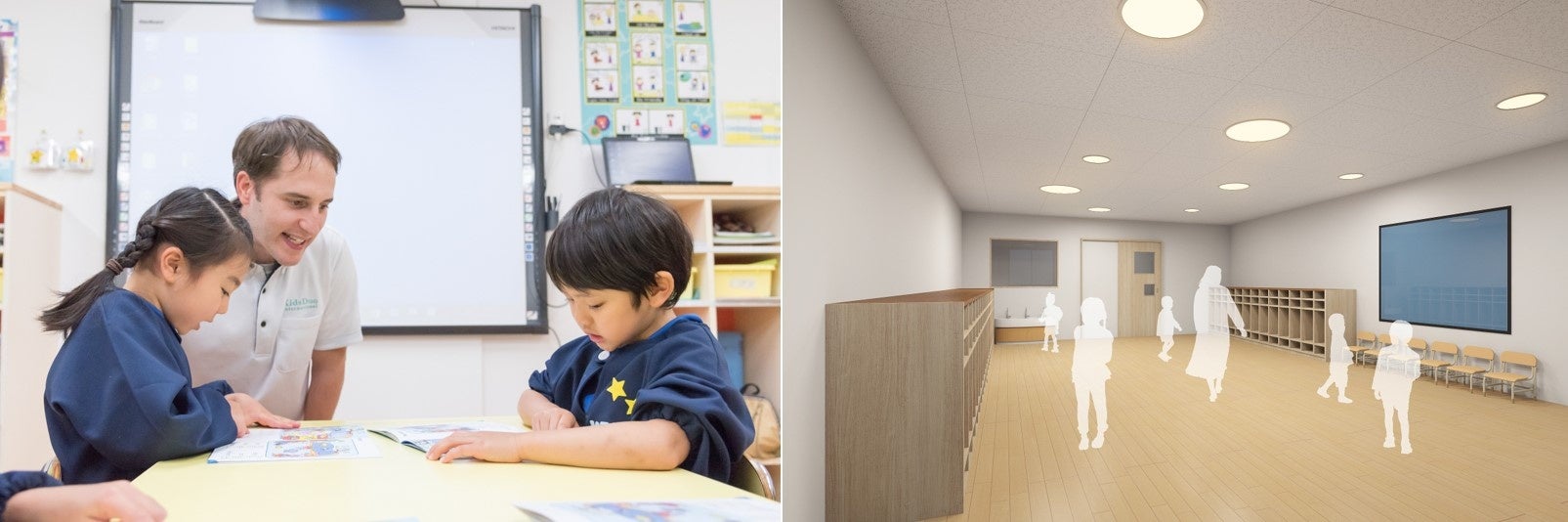 各クラスはネイティブ講師と日本人保育士の担任制による保育。英語を使ったレッスンはおよそ3800時間