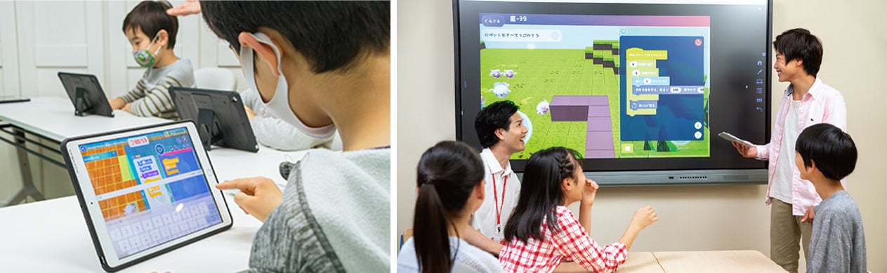 「プログラミング教育 HALLO」での週1回のプログラミングレッスン風景(左)、月1回の発表風景イメージ(右)