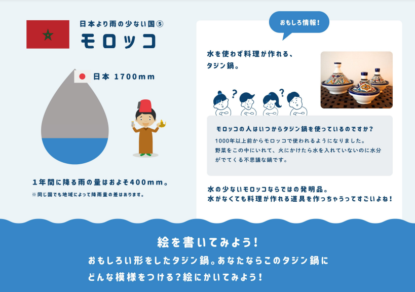 チャイルド・アイズのワークブック 第1弾「雨の日は雨について考えてみよう！」より一部抜粋。 日本より雨の少ない国「モロッコ」についての紹介ページ。