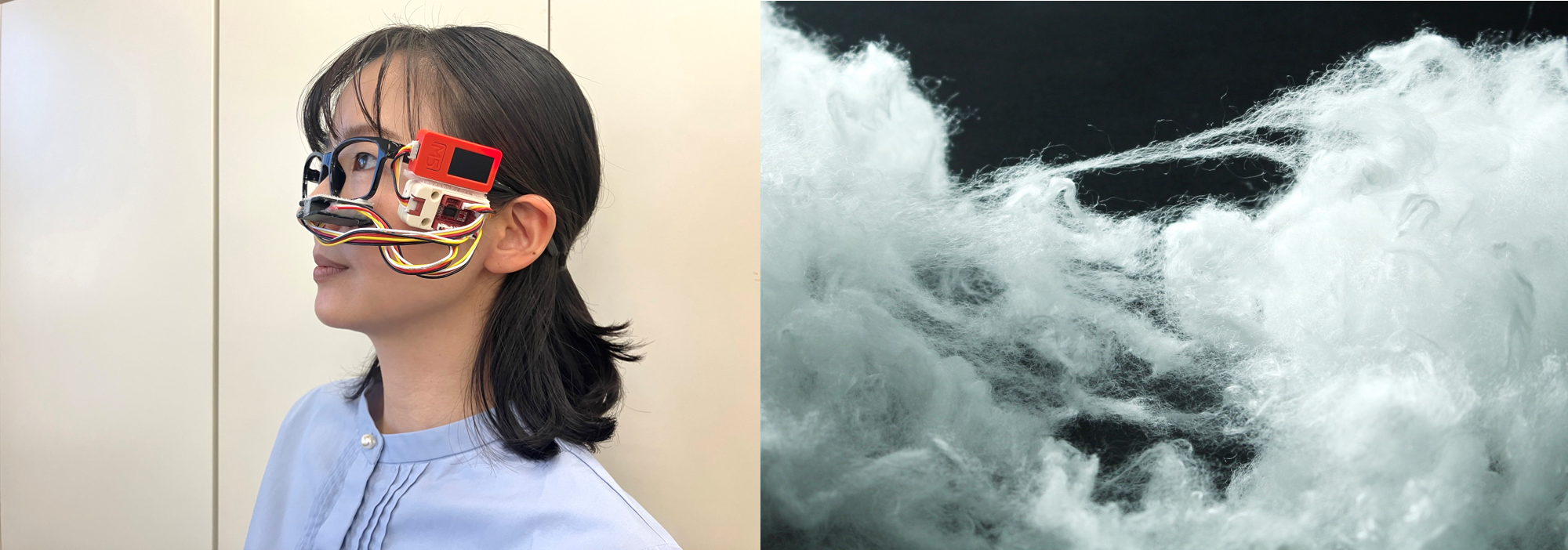 （左）肌データを常時観測するメガネ型デバイス（開発途中）、（右）独自開発した「モイストファイバー」