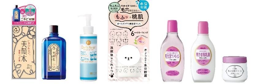 商品例　左から「明色美顔水 薬用化粧水」「DETクリア ブライト＆ピール ピーリングジェリー 無香料」  「モフモフレンズ オールインワン美容液ジェル」「明色 奥さま用アストリンゼン」「明色 奥さま用乳液」「明色 奥さま用クリーム」
