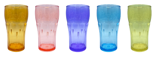【「コカ・コーラ　カラータンブラー」全５色】 左から、オレンジ、ピンク、パープル、ブルー、イエロー 内容量：340ml
