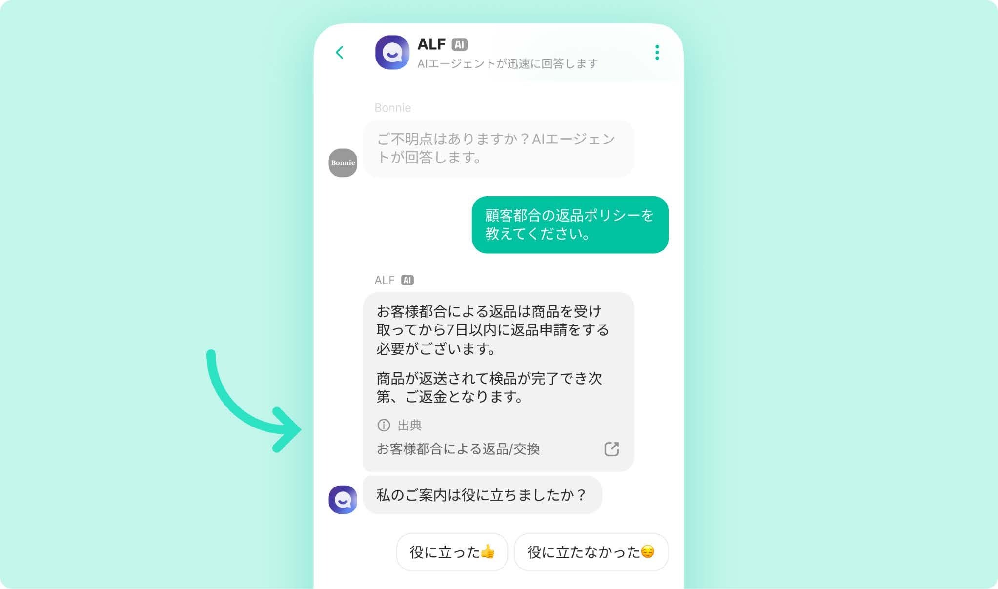 ▲チャットからきたお客さまからのお問い合わせをALFが対応する場合