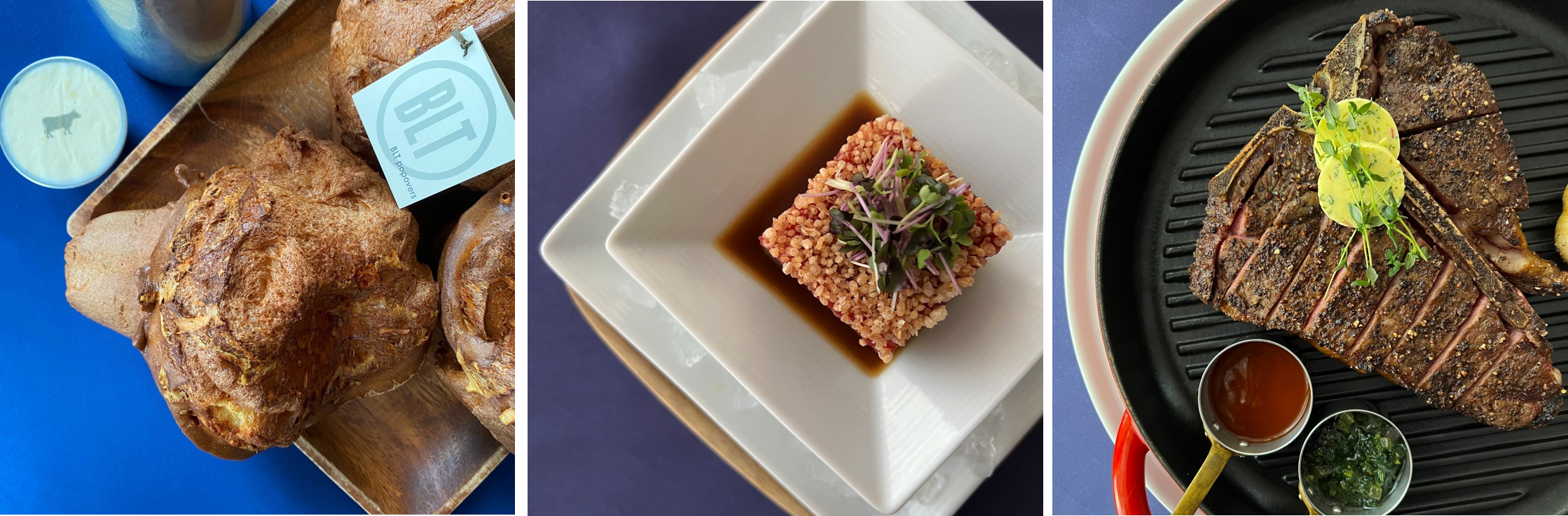 左：ポップオーバー／中央：マグロのタルタル アボカドライム醤油ドレッシング／右：プライム ドライエイジング Tボーン ステーキ