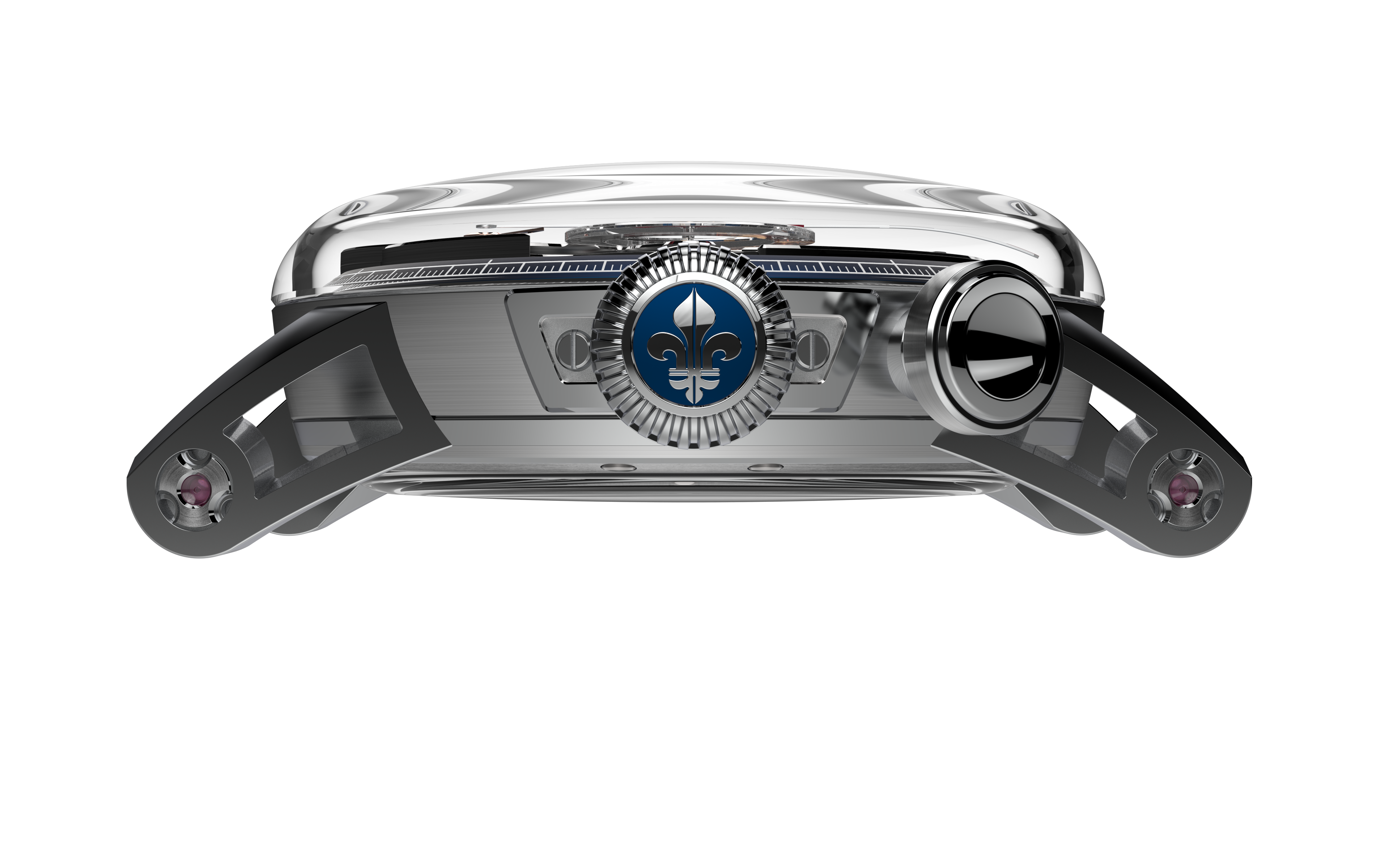 ラグは内部をくり抜いたスタイリッシュなデザイン、リューズにはブランドエンブレムであるフルール・ド・リスの刻印を表示しています。