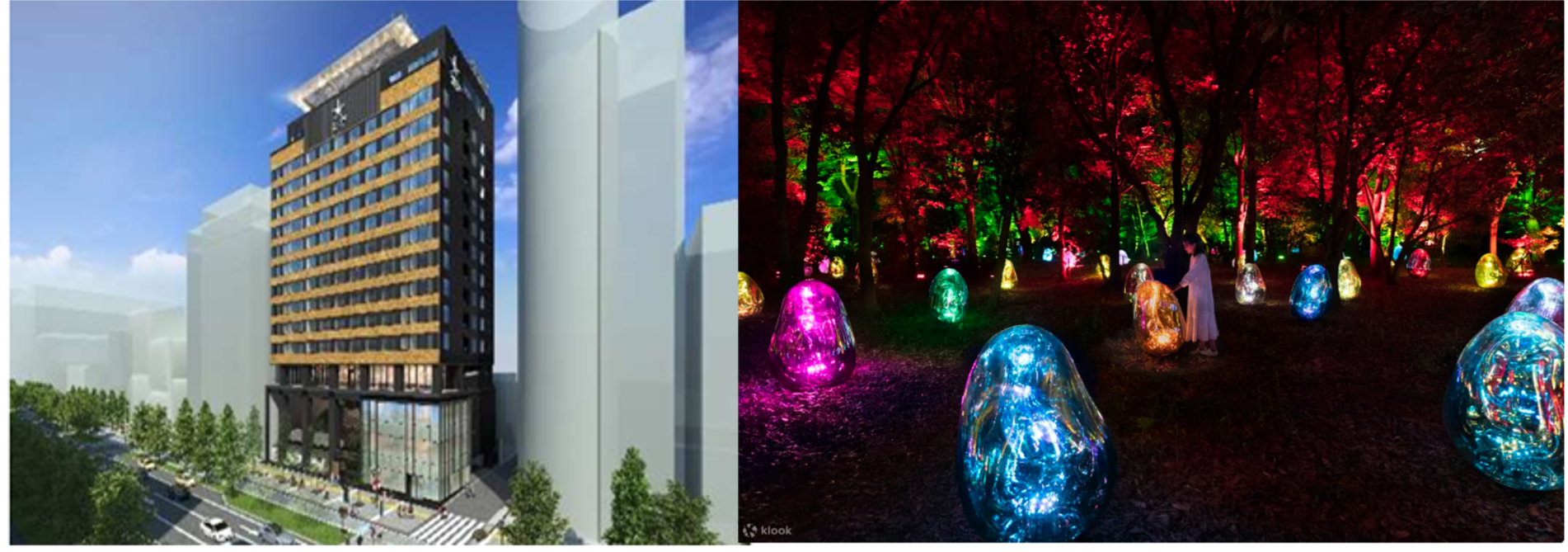 写真右：チームラボ《ツバキ園の呼応する小宇宙 - 固形化された光の色, Sunrise and Sunset》©チームラボ