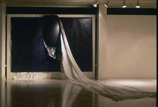 ３. 松谷　武判 《軌道-１-Ｂ》1990年 和紙、鉛筆、コットン、キャンバス