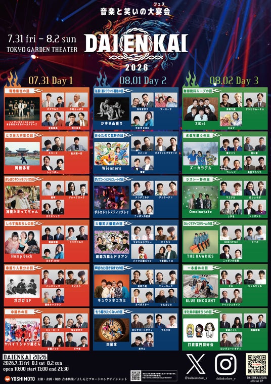 2026年7月31日(金)、8月1日(土)、2日(日)開催『DAIENKAI 2026』追加出演者&コラボ組み合わせ発表のお知らせ 2026年7月31日(金)、8月1日(土)、2日(日)開催『DAIENKAI 2026』追加出演者&コラボ組み合わせ発表のお知らせ