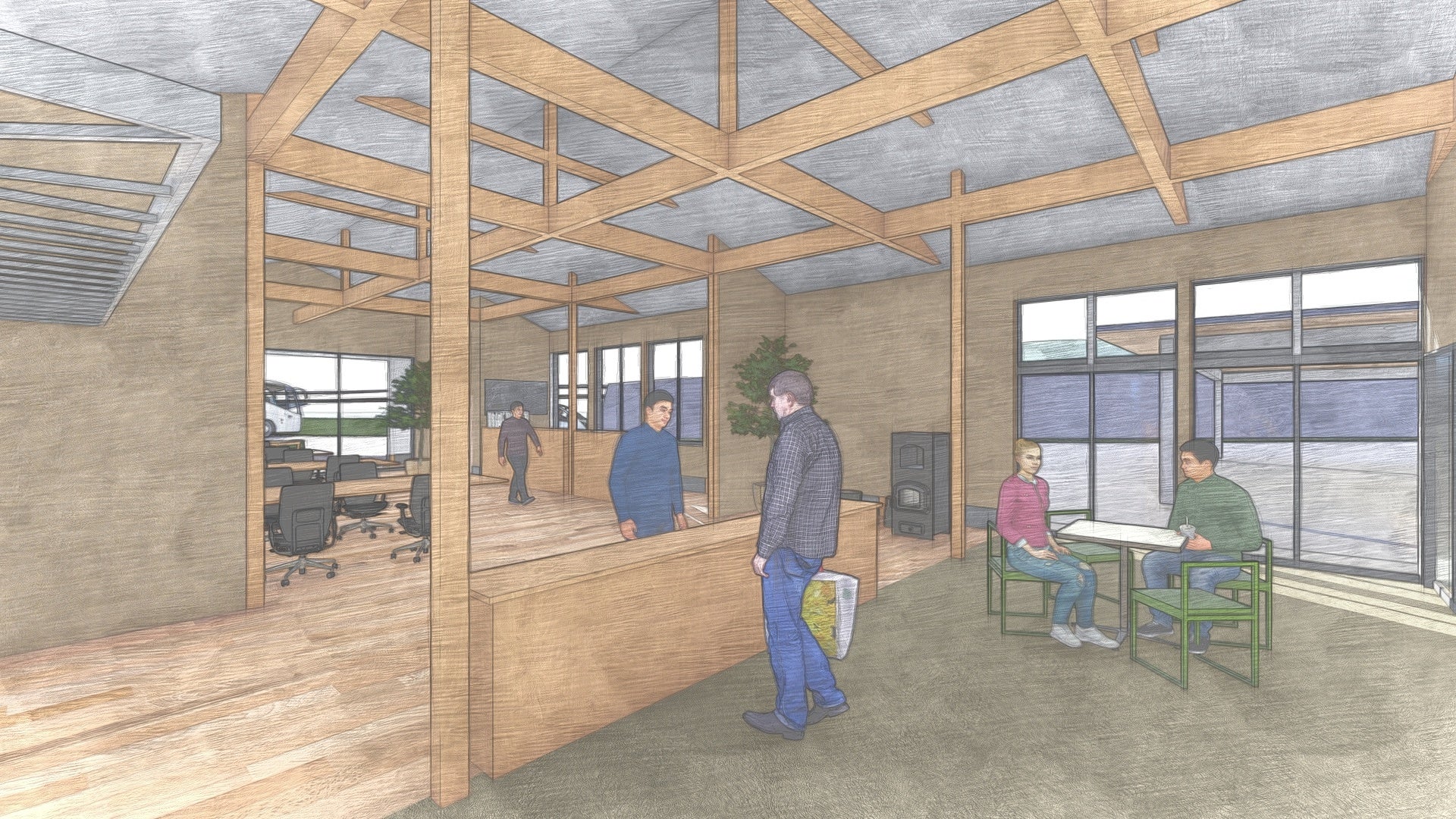 流通施設と土間続きのオフィス