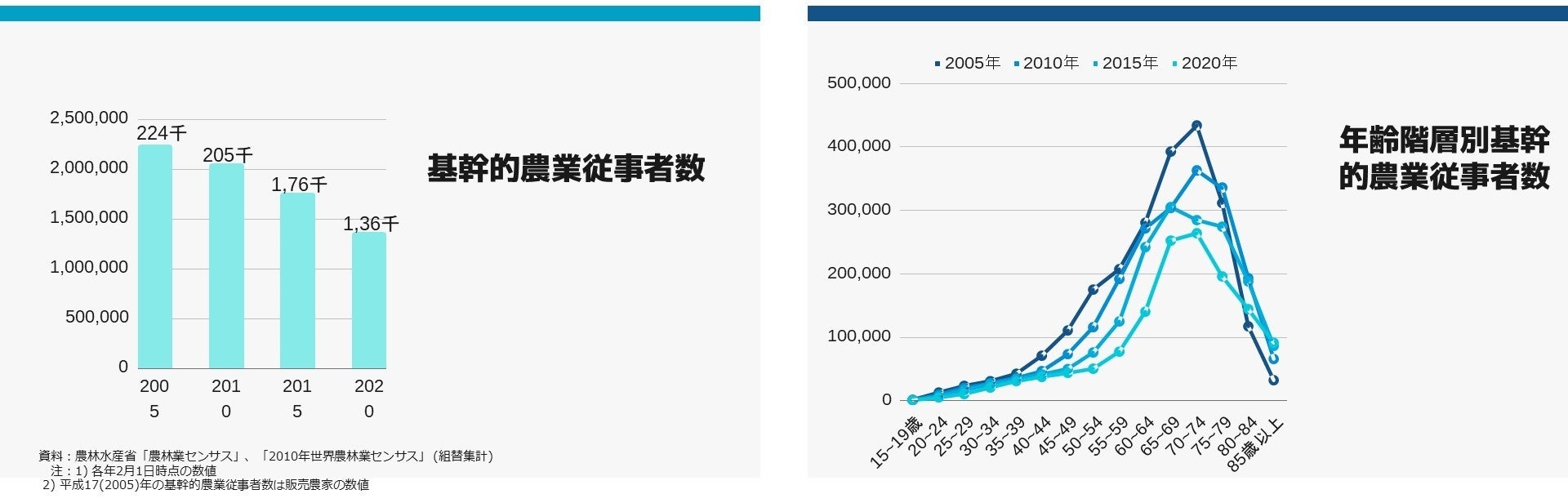 基幹的農業従事者の推移　資料：農林水産省「農林業センサス」データよりグラフ作成 注：1) 各年2月1日時点の数値  2) 平成17(2005)年の基幹的農業従事者数は販売農家の数値