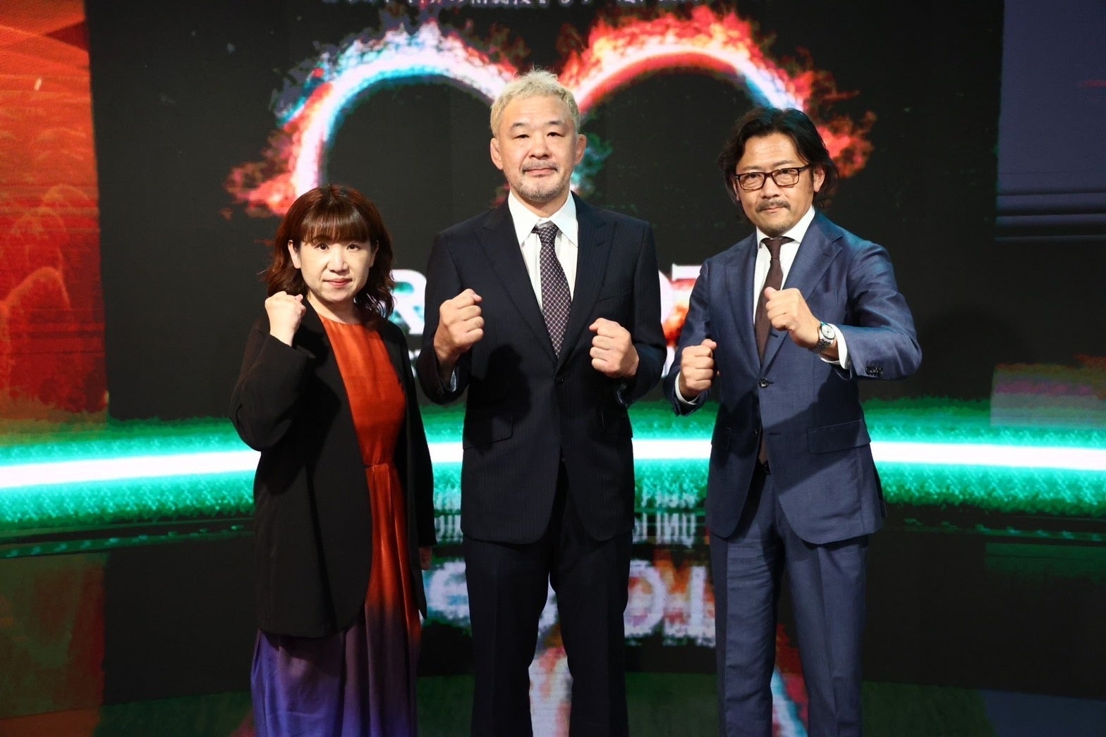 左から大木代表取締役、桜庭代表取締役、カルロス菊田K-1新プロデューサー