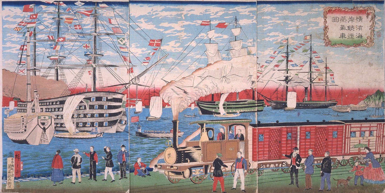 歌川広重（三代）《横浜海岸鉄道蒸気車図》1874年、神奈川県立歴史博物館