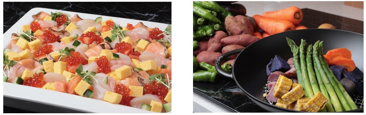 朝食には海鮮ちらし寿司を提供（左）、新鮮な北海道野菜を使用（右）