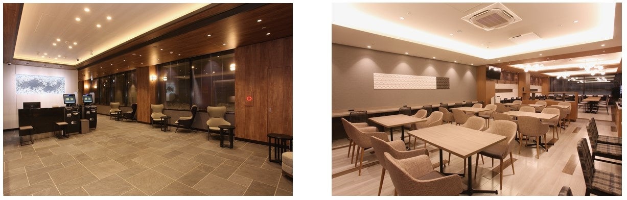木目調の落ち着いた雰囲気のロビー（左）、明るい雰囲気の朝食会場（右）