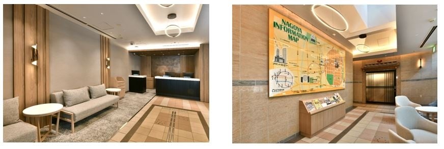 アロマの香りが拡がる落ち着いた雰囲気のロビー(左)、地元ならではの情報が掲載された観光案内板(右)