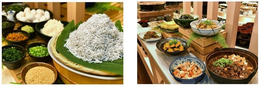 愛知県三河湾産のしらす(左)、各種おばんざい(右)
