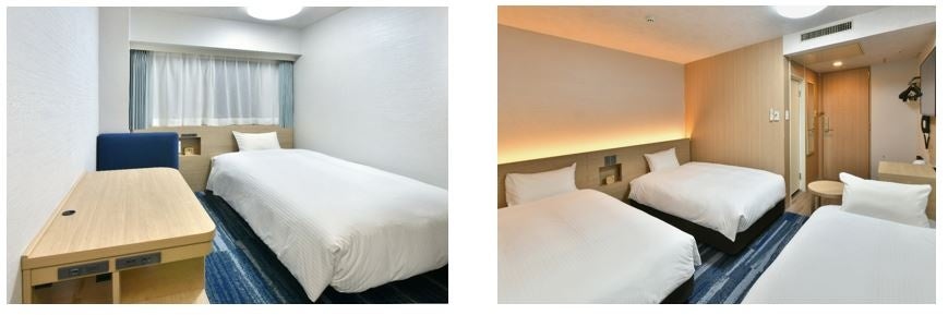 広い天板のワイドデスクを設置したシングルルーム(左)、一部ツインルームはソファベッドで3名利用が可能(右)