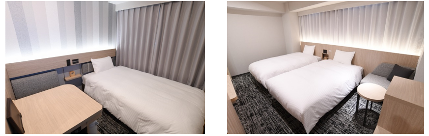 広い天板のワイドデスクを設置したシングルルーム(左)、ツインルームはバスとトイレが独立(右)