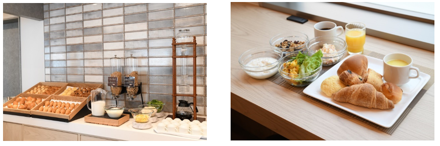 複数週類のパンや挽きたてコーヒーの朝食バイキング(左)、焼きたてパンやサラダ、グラノーラをお好きなだけ(右)