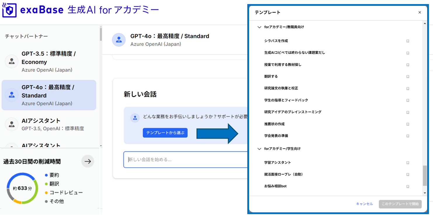 図：exaBase 生成AI for アカデミーの画面イメージ