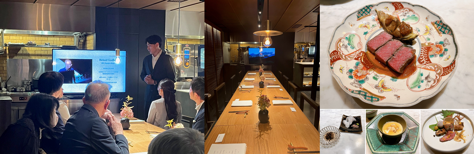 （画像左：株式会社白岩 小杉 周平氏による説明、画像中央：当日の会場、画像右：お料理の一部）