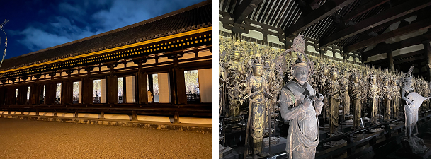 (左) 三十三間堂 本堂(外観)、(右) 三十三間堂 本堂内 千手観音像
