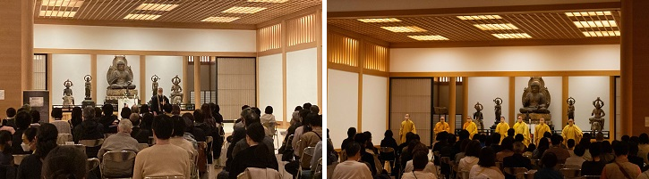 仲田順英師による特別法話（左）、7名の僧侶による声明（右）