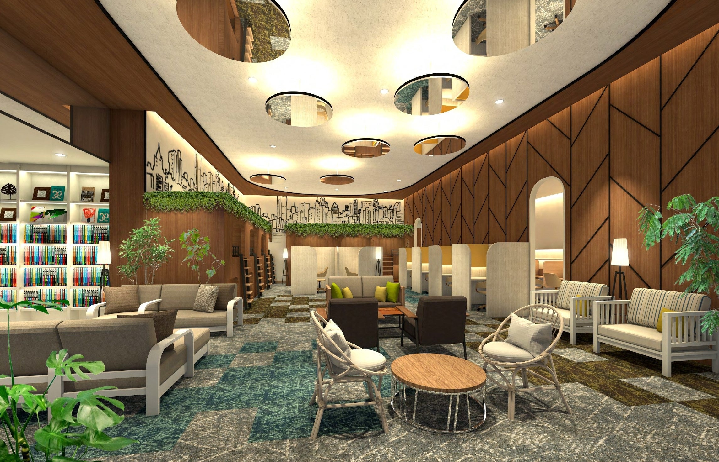 コワーキングエリアと半個室キャビン