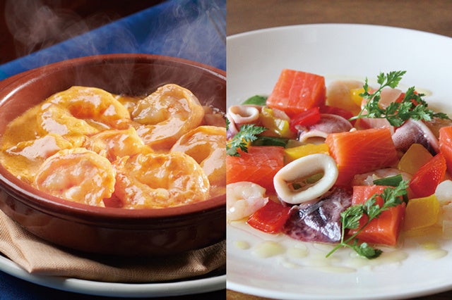 タパスお届け例：海老のカタラン風濃厚クリームソース煮と富士山サーモンのサルピコン