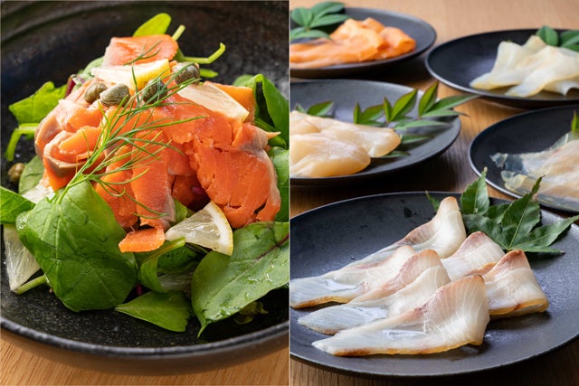 （1）『サラダ用サーモン2パック（毎月）』＋『燻製2種（月替わり）』を毎月お届け（画像はイメージです）