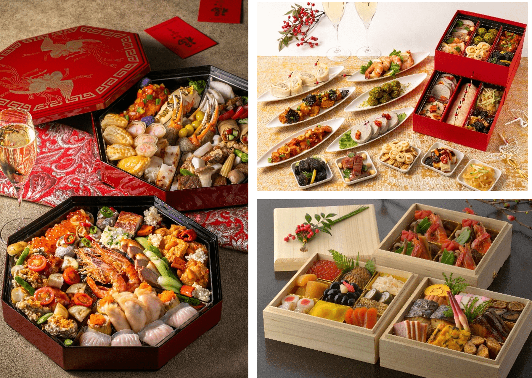 鮑や伊勢海老を盛り込んだ中国料理のプレート、4つのレストランの味を集めた洋風おせち、和の技が息づく三段重、自宅でホテルの味が楽しめる「フェスティブシーズンを彩るテイクアウトプレート＆おせちが登場」