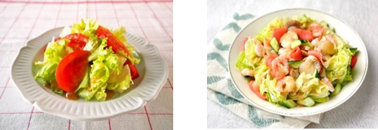 調理例：レタスとトマトのサラダ（左）、シャキシャキレタスとシーフードのサラダ（右）
