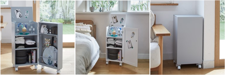 「推し活ワゴン」　写真（右）たっぷりタイプ　（中）コンパクトタイプ　（左）扉を閉じた状態