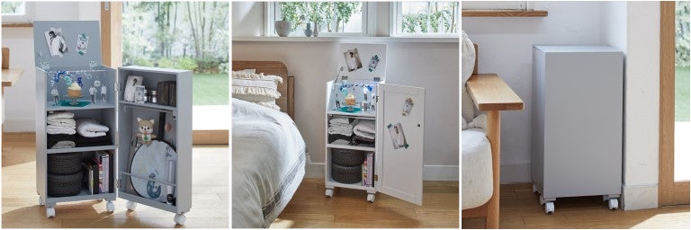 「推し活ワゴン」 写真(右)たっぷりタイプ (中)コンパクトタイプ (左)扉を閉じた状態