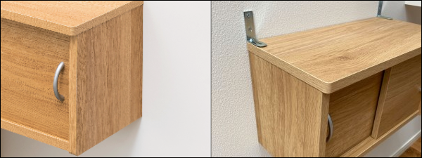 写真（左）角は丸みを持たせた仕上げ　（右）落下防止用のＬ字金具