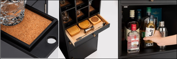 右から_上段グラス収納・中段引き出し・下段ボトル収納スペース