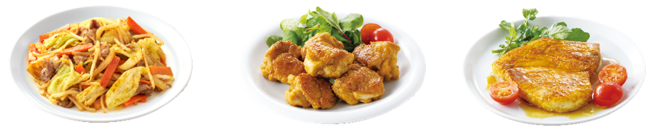 左から：肉野菜炒め、チキンソテー、魚のカレーソテー