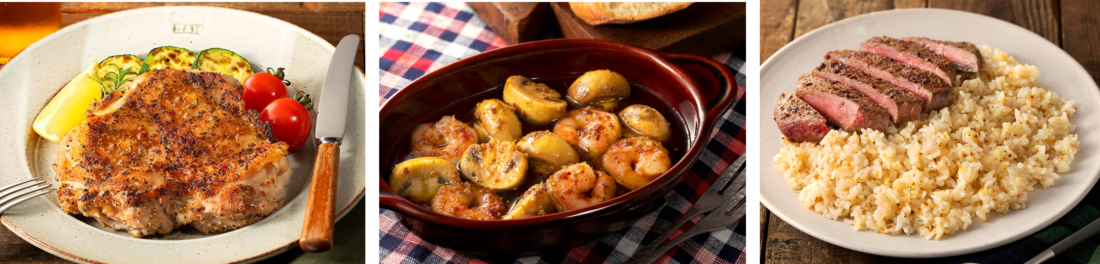 メニュー例：グリルチキン／アヒージョ／ガーリックライス