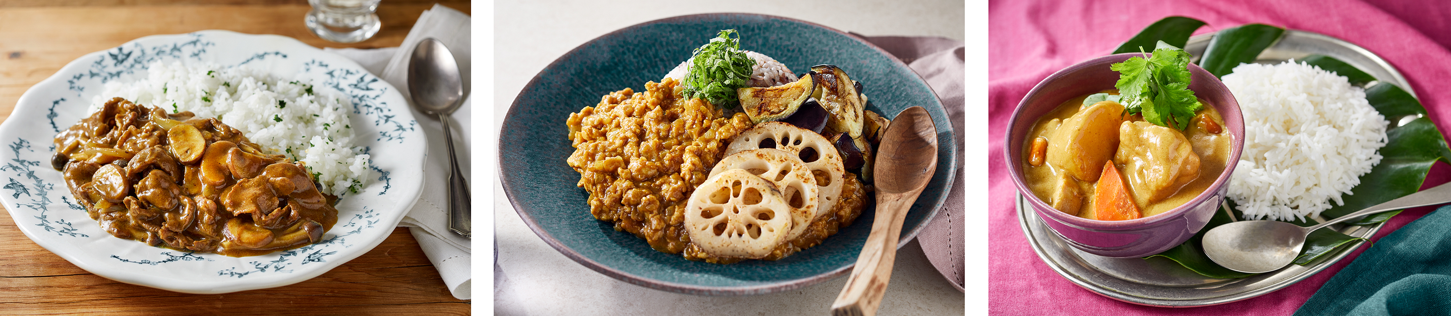 左から：牛肉ときのこのとっておきカレー／大人好みの鶏キーマカレー／マッサマン風チキンカレー