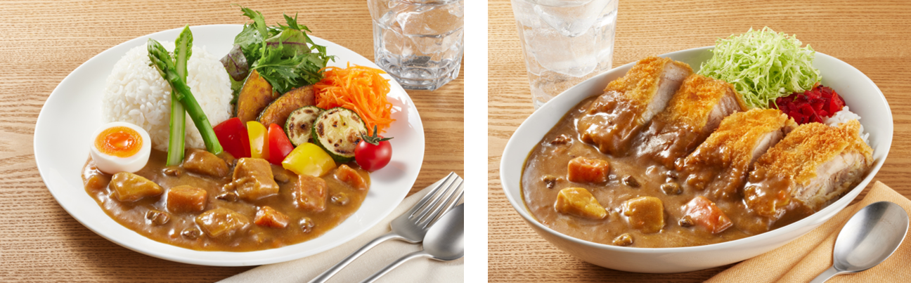 （左）：野菜を足して「カフェ風カレー」／（右）：お肉を足して、さらに満足感アップ