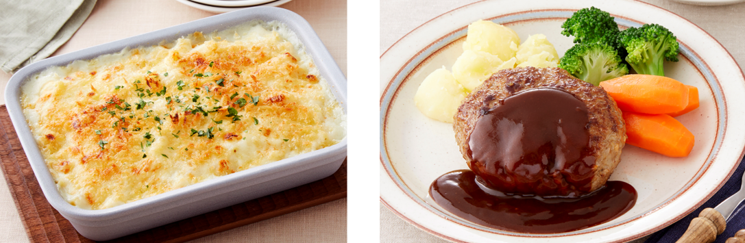 左：グラタンソースに （クリーム）／右：ハンバーグソースに（ビーフ）