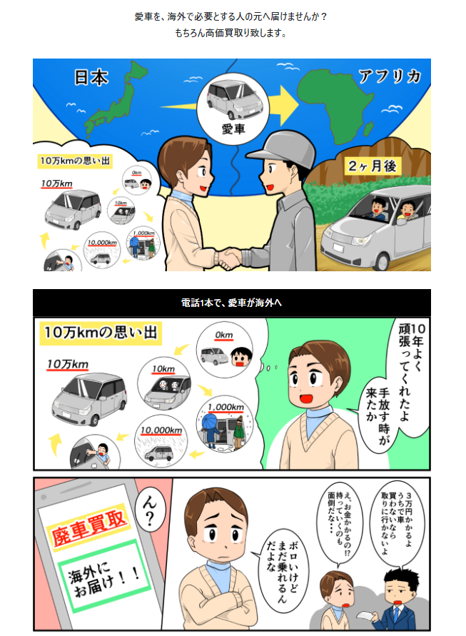 廃車の買取りサイト『廃車くらぶ』マンガのページ（一部）