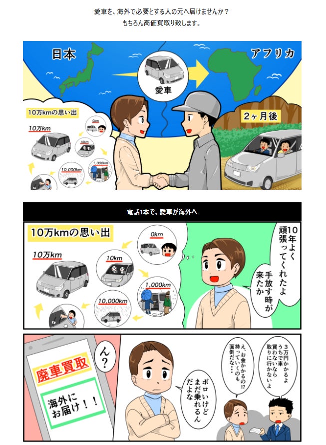 廃車の買取りサイト『廃車くらぶ』マンガのページ(一部)